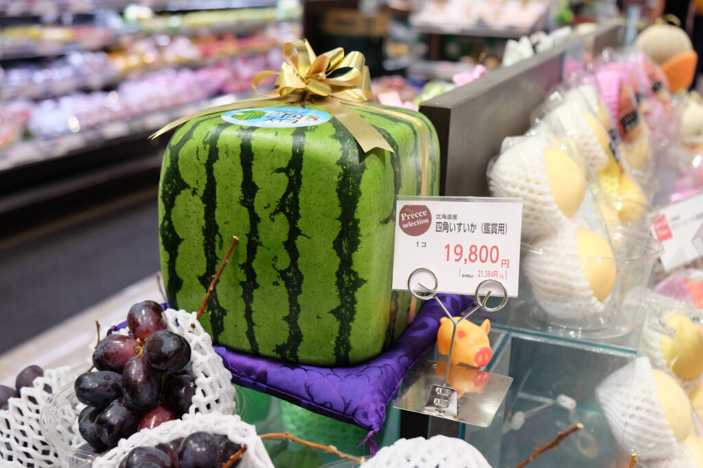 square watermelon with small golden bow priced at almost 20,000 yen